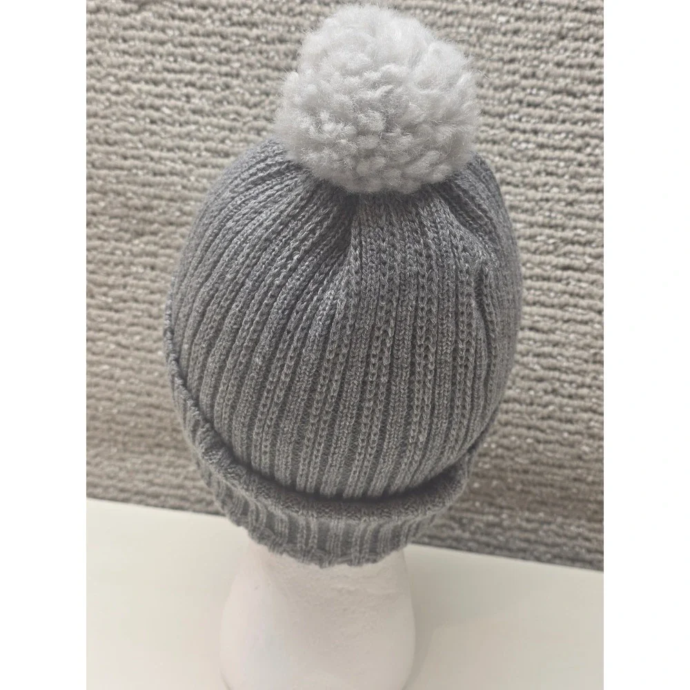 Gray Ribbed Knit Beanie Hat with Faux Fur Pom‎ Pom Adult One Size Winter Cap